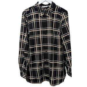 SUSAN GRAVER Womens Top Large Black Tan Plaid Button Up Shirt Long Sleeve NWOT